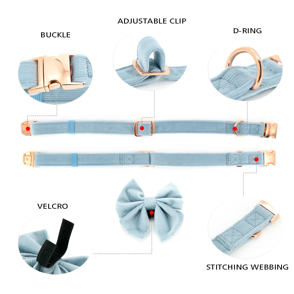 COLLARLOGO Adjustable No Pull Dog Vest Harness Soft Mesh Padded Blue Corduroy Pet Puppy Leash Collar Poop Bag Dispenser