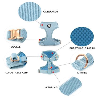 COLLARLOGO Adjustable No Pull Dog Vest Harness Soft Mesh Padded Blue Corduroy Pet Puppy Leash Collar Poop Bag Dispenser