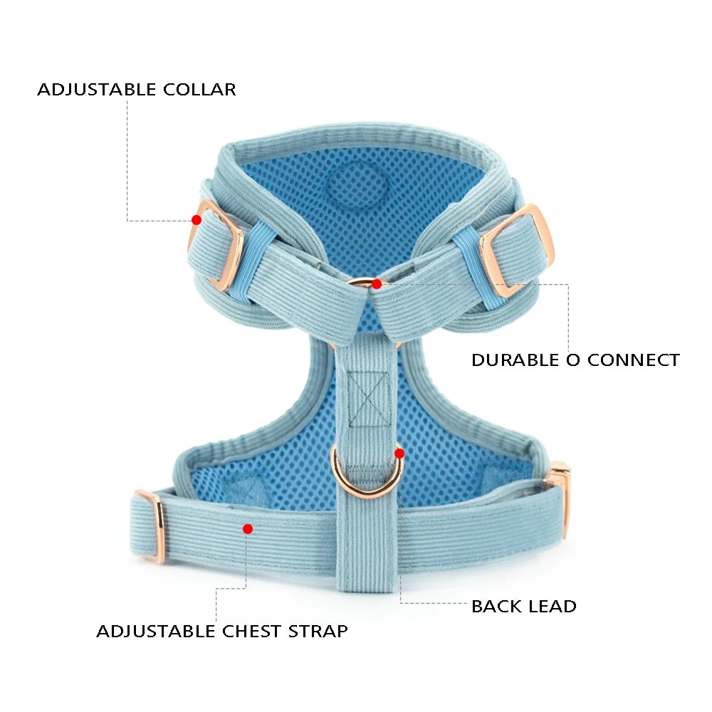 COLLARLOGO Adjustable No Pull Dog Vest Harness Soft Mesh Padded Blue Corduroy Pet Puppy Leash Collar Poop Bag Dispenser