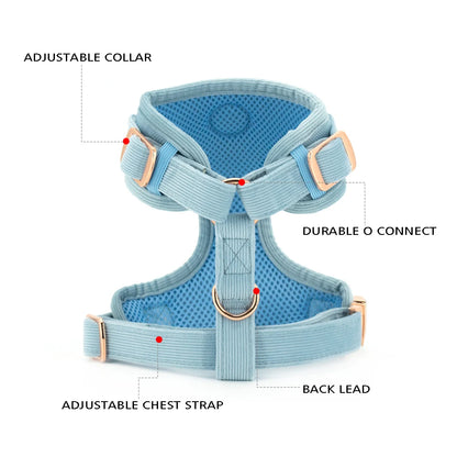 COLLARLOGO Adjustable No Pull Dog Vest Harness Soft Mesh Padded Blue Corduroy Pet Puppy Leash Collar Poop Bag Dispenser