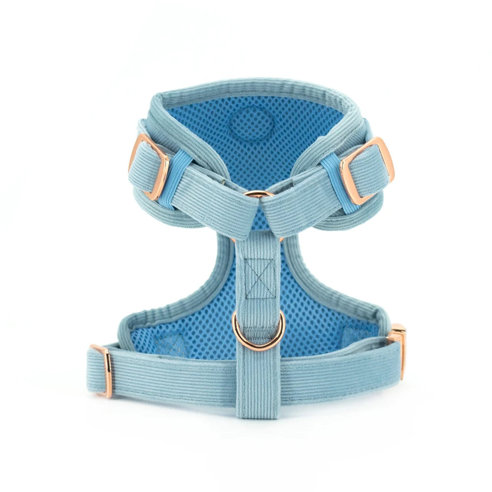 COLLARLOGO Adjustable No Pull Dog Vest Harness Soft Mesh Padded Blue Corduroy Pet Puppy Leash Collar Poop Bag Dispenser