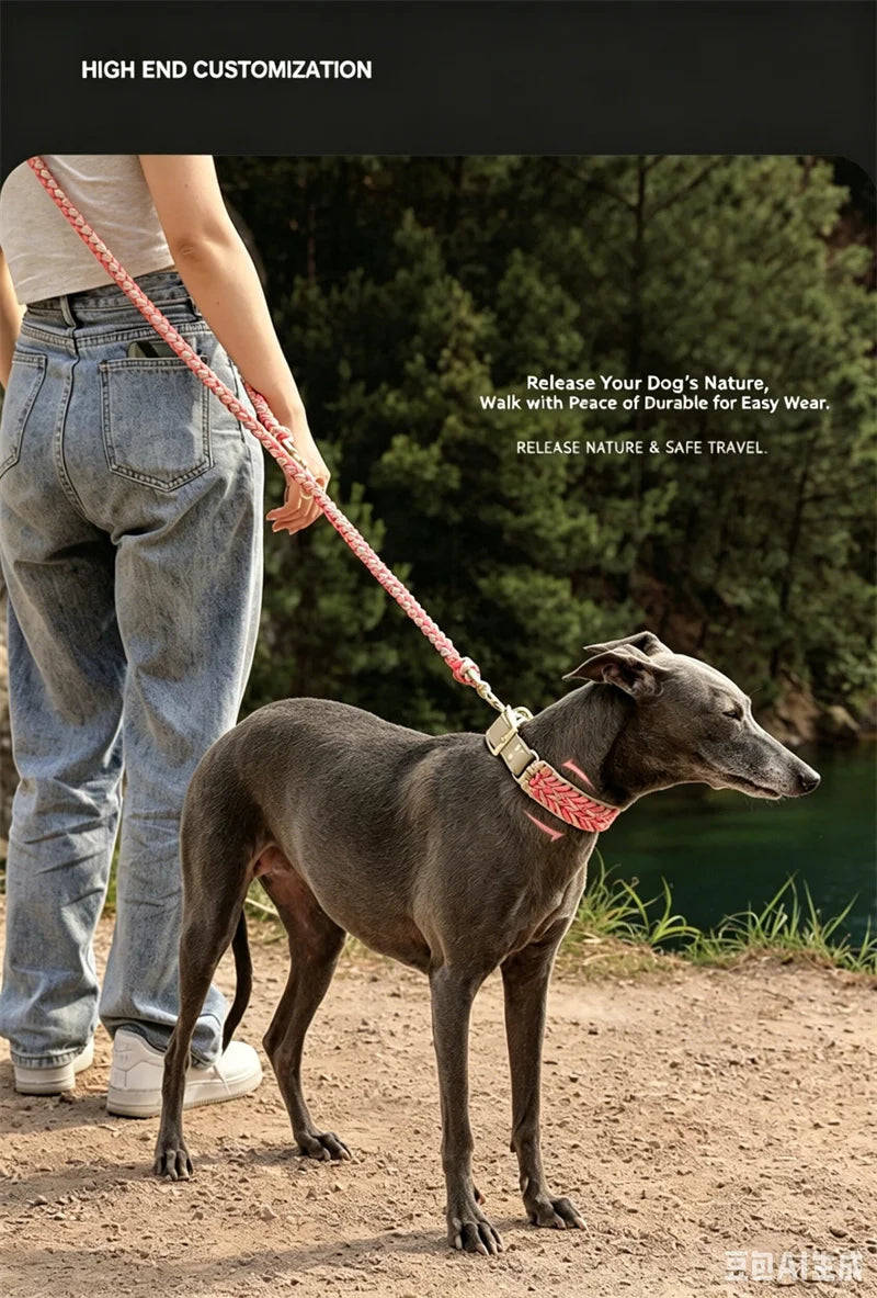 Hand-Woven Dog Collar and Leash Set Adjustable PU Leather Pet Collar Strong Climbing Rope Dog Lead for Small Medium Large Dogs