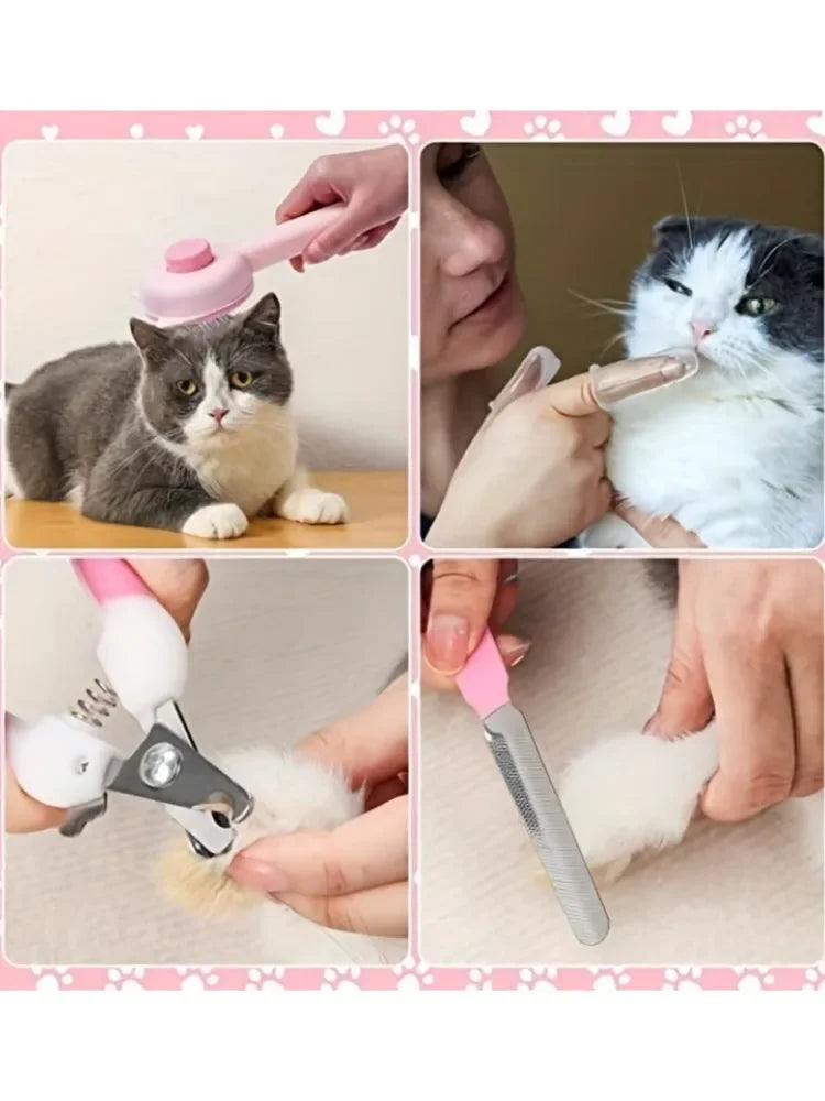 8Pcs Combo Set Cat Brush Beauty Kit with Pet Nail Clippers and Files Pet Self-Cleaning Kit Flea Comb Pet Shampoo Bath Brush Pet