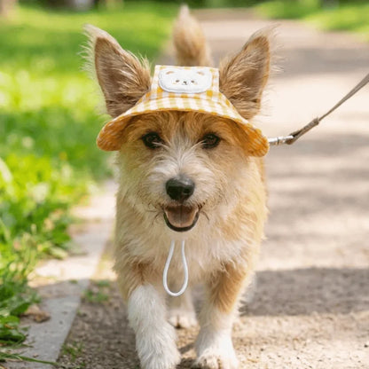 Breathable Pet Bucket Hat Adjustable Plaid Print Dog Sunshade Hat With Ear Hole Cartoon  Cat  For Travel Hiking Outdoor