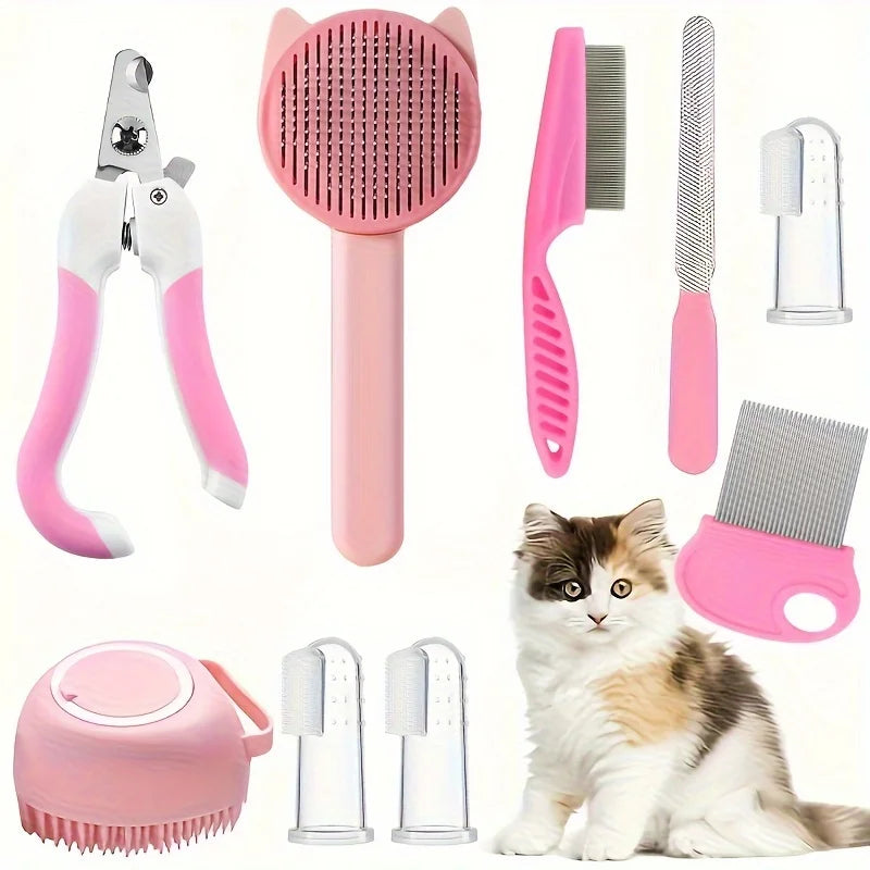 8Pcs Combo Set Cat Brush Beauty Kit with Pet Nail Clippers and Files Pet Self-Cleaning Kit Flea Comb Pet Shampoo Bath Brush Pet