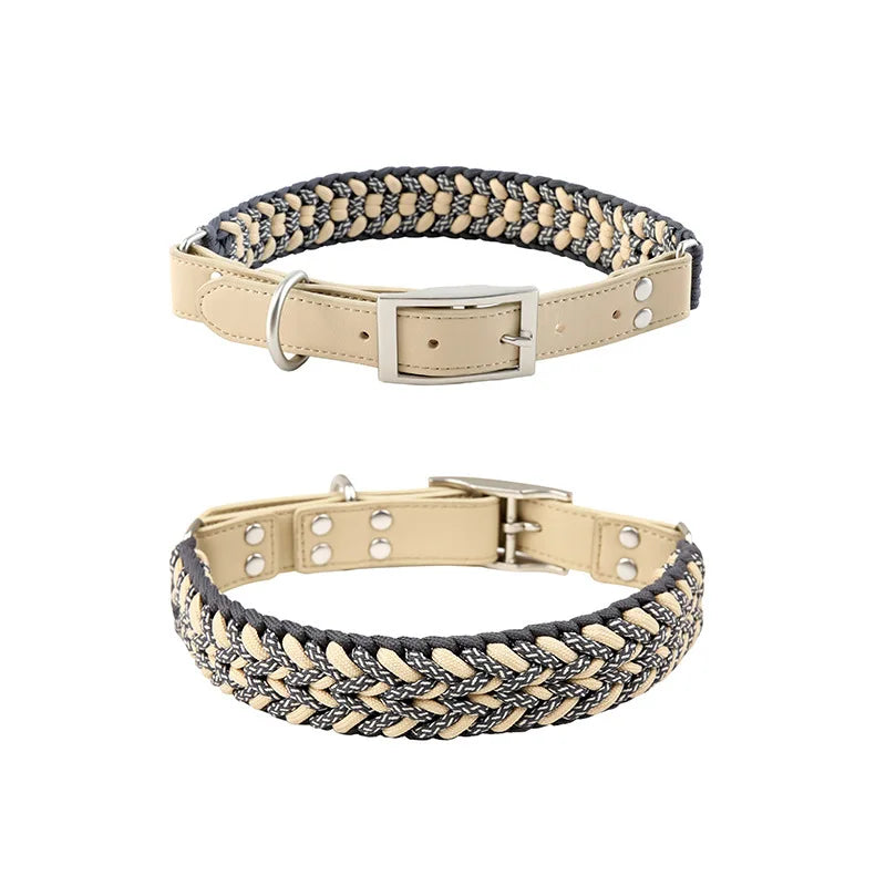 Hand-Woven Dog Collar and Leash Set Adjustable PU Leather Pet Collar Strong Climbing Rope Dog Lead for Small Medium Large Dogs