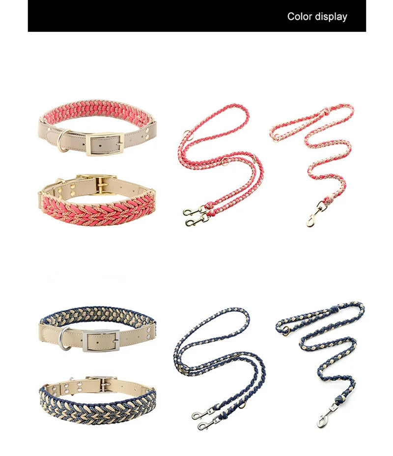 Hand-Woven Dog Collar and Leash Set Adjustable PU Leather Pet Collar Strong Climbing Rope Dog Lead for Small Medium Large Dogs