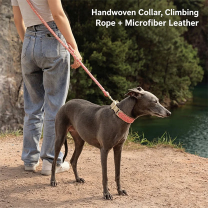 Hand-Woven Dog Collar and Leash Set Adjustable PU Leather Pet Collar Strong Climbing Rope Dog Lead for Small Medium Large Dogs