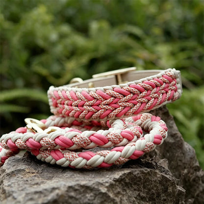 Hand-Woven Dog Collar and Leash Set Adjustable PU Leather Pet Collar Strong Climbing Rope Dog Lead for Small Medium Large Dogs