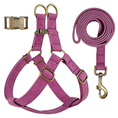 Personalized Dog Harness and Leash Set PU Leather Dogs Harness Free Engraved ID Buckle for Small Medium Large Dogs Pitbull Pug