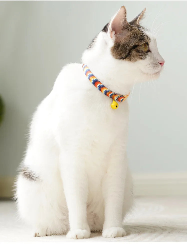 Cat Collar, Kitten Woven Necklace, Neck Collar with Bell, Anti-Choking, Adjustable, Comfortable, Safety Buckle, Pet Accessory