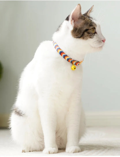Cat Collar, Kitten Woven Necklace, Neck Collar with Bell, Anti-Choking, Adjustable, Comfortable, Safety Buckle, Pet Accessory