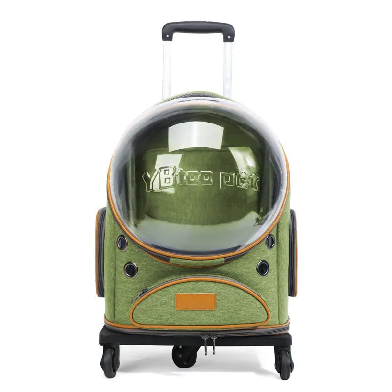 Luxury Rolling Wheels Pet Carrier Backpack Zipper Solid Nylon Polyester Transparent Bubble Window Breathable Travel Trolley Bag