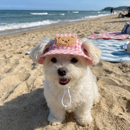 Breathable Pet Bucket Hat Adjustable Plaid Print Dog Sunshade Hat With Ear Hole Cartoon  Cat  For Travel Hiking Outdoor