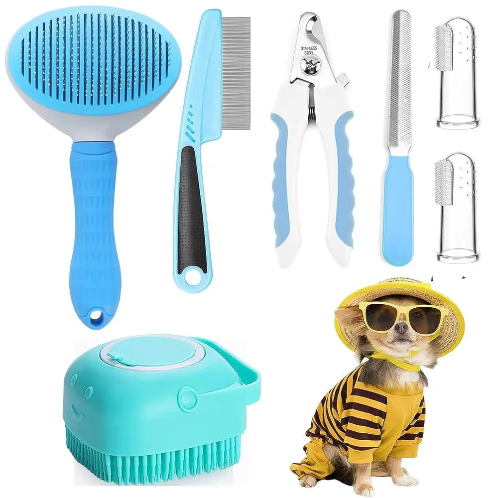 8Pcs Combo Set Cat Brush Beauty Kit with Pet Nail Clippers and Files Pet Self-Cleaning Kit Flea Comb Pet Shampoo Bath Brush Pet