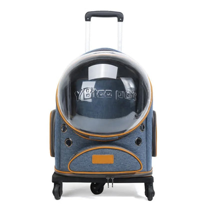 Luxury Rolling Wheels Pet Carrier Backpack Zipper Solid Nylon Polyester Transparent Bubble Window Breathable Travel Trolley Bag