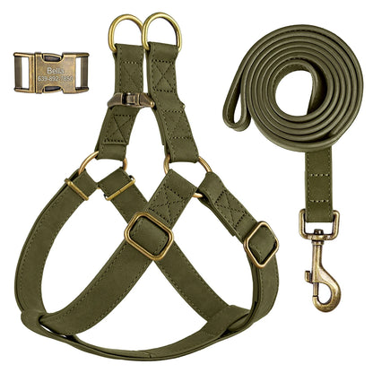 Personalized Dog Harness and Leash Set PU Leather Dogs Harness Free Engraved ID Buckle for Small Medium Large Dogs Pitbull Pug