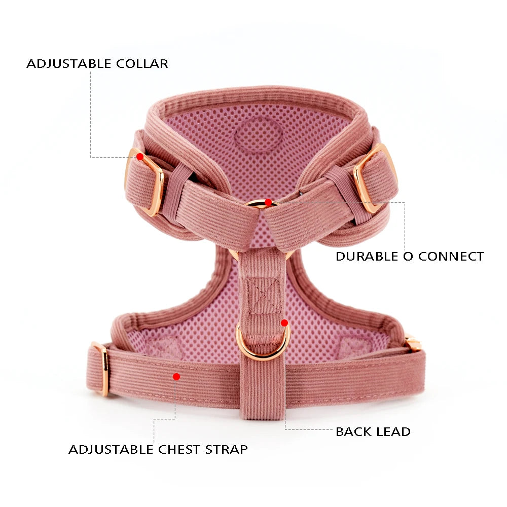 COLLARLOGO Adjustable No Pull Dog Vest Harness Soft Mesh Padded Blue Corduroy Pet Puppy Leash Collar Poop Bag Dispenser