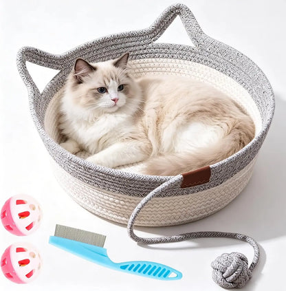 Cat Instinct Basket - Hand-woven Cotton Rope Fun Bed, Equipped with a Toy Tail, Suitable for Scratching and Interactive Pet