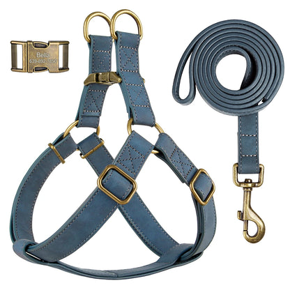 Personalized Dog Harness and Leash Set PU Leather Dogs Harness Free Engraved ID Buckle for Small Medium Large Dogs Pitbull Pug