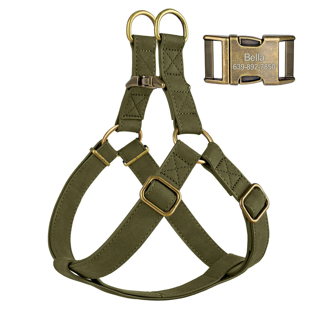 Personalized Dog Harness and Leash Set PU Leather Dogs Harness Free Engraved ID Buckle for Small Medium Large Dogs Pitbull Pug