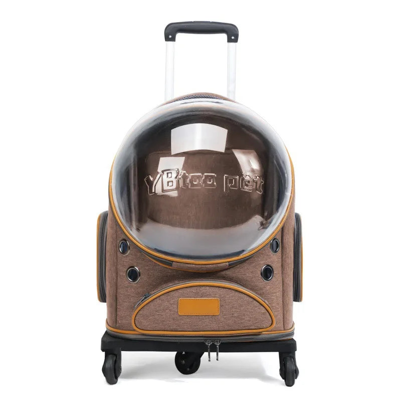 Luxury Rolling Wheels Pet Carrier Backpack Zipper Solid Nylon Polyester Transparent Bubble Window Breathable Travel Trolley Bag