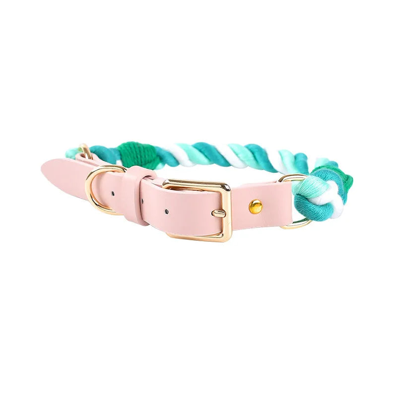 Wholesale Handmade Woven Colorful Pet Dog Leash Set Leather Dog Collar Supplies Cross-Border