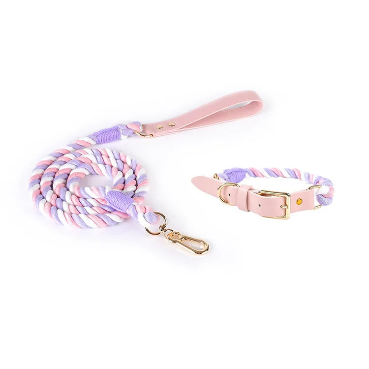 Wholesale Handmade Woven Colorful Pet Dog Leash Set Leather Dog Collar Supplies Cross-Border
