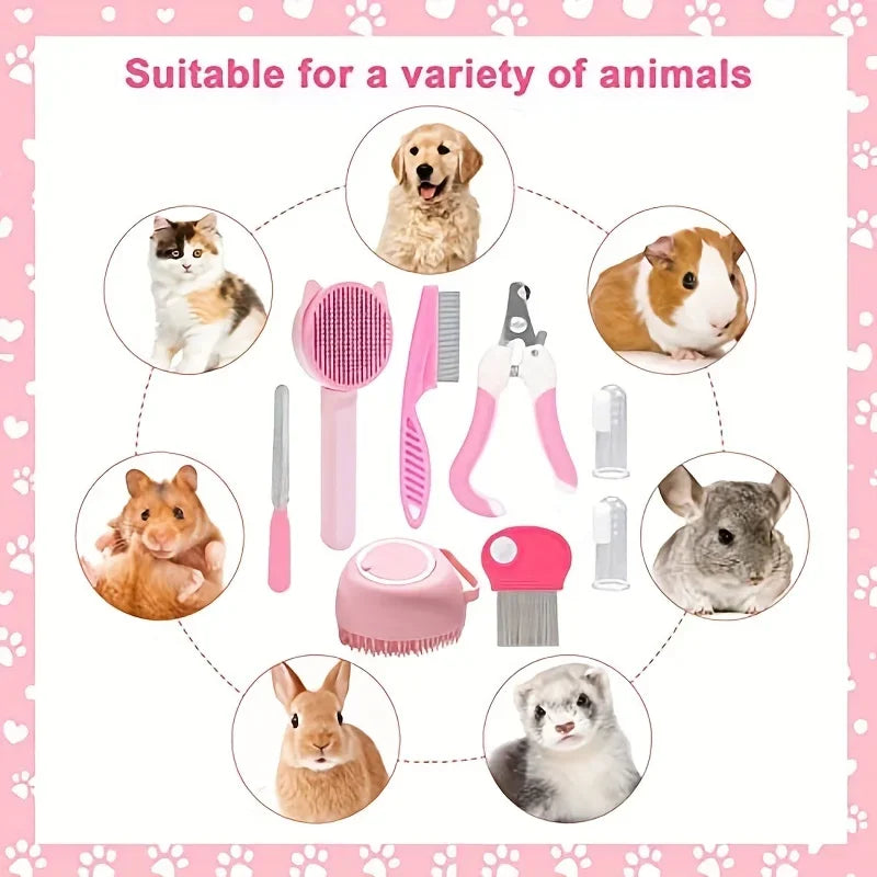 8Pcs Combo Set Cat Brush Beauty Kit with Pet Nail Clippers and Files Pet Self-Cleaning Kit Flea Comb Pet Shampoo Bath Brush Pet
