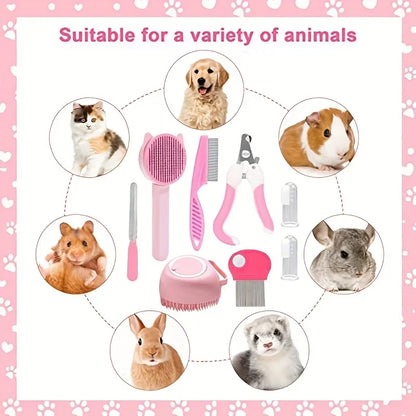 8Pcs Combo Set Cat Brush Beauty Kit with Pet Nail Clippers and Files Pet Self-Cleaning Kit Flea Comb Pet Shampoo Bath Brush Pet