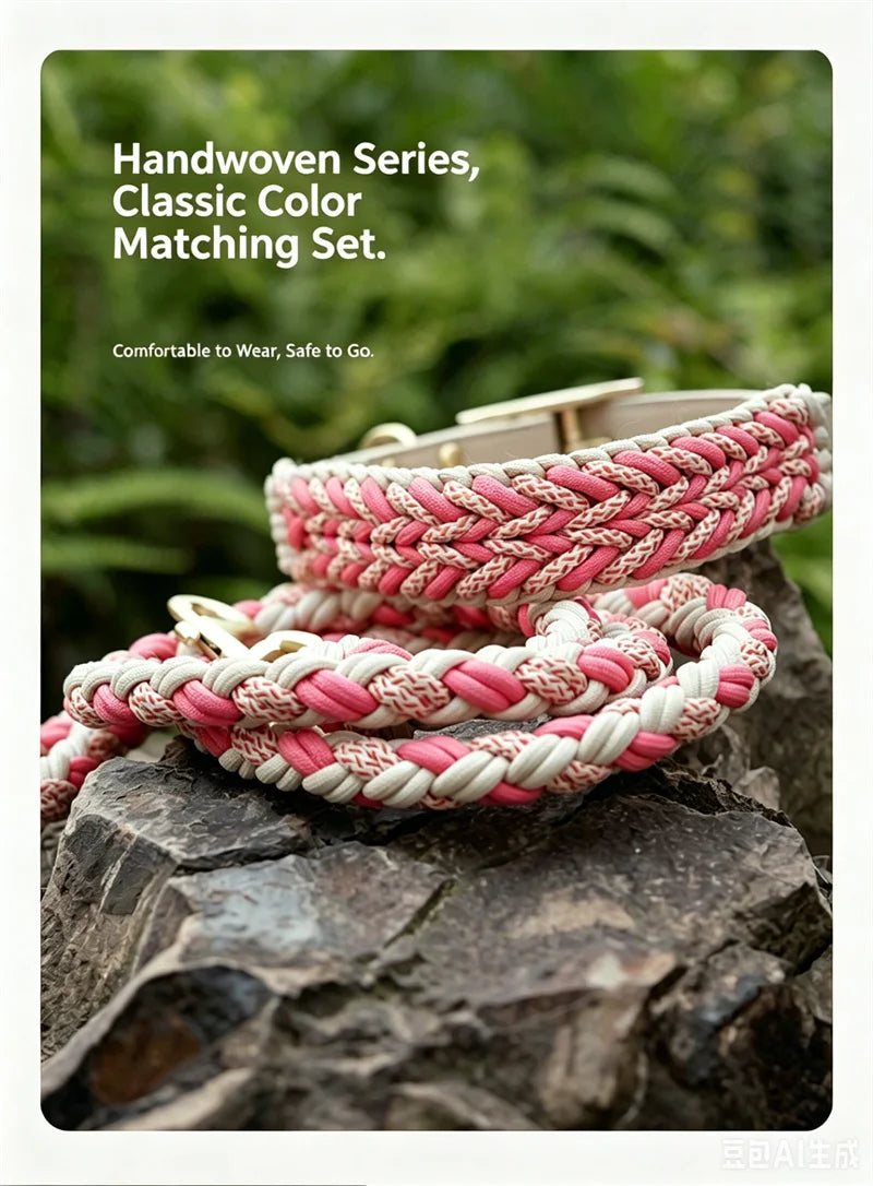 Hand-Woven Dog Collar and Leash Set Adjustable PU Leather Pet Collar Strong Climbing Rope Dog Lead for Small Medium Large Dogs
