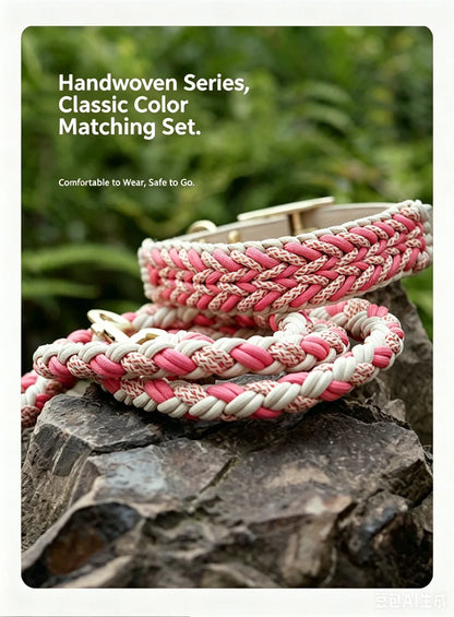 Hand-Woven Dog Collar and Leash Set Adjustable PU Leather Pet Collar Strong Climbing Rope Dog Lead for Small Medium Large Dogs