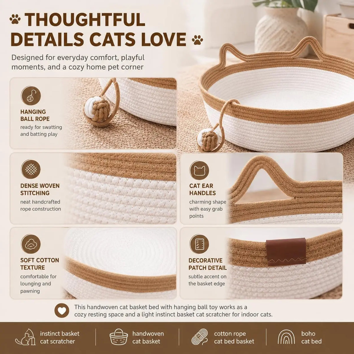 Cat Instinct Basket - Hand-woven Cotton Rope Fun Bed, Equipped with a Toy Tail, Suitable for Scratching and Interactive Pet
