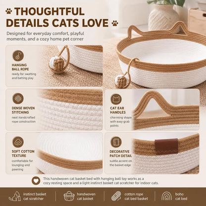 Cat Instinct Basket - Hand-woven Cotton Rope Fun Bed, Equipped with a Toy Tail, Suitable for Scratching and Interactive Pet