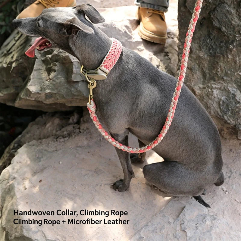 Hand-Woven Dog Collar and Leash Set Adjustable PU Leather Pet Collar Strong Climbing Rope Dog Lead for Small Medium Large Dogs