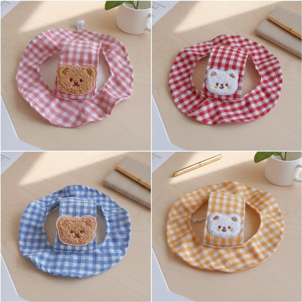 Breathable Pet Bucket Hat Adjustable Plaid Print Dog Sunshade Hat With Ear Hole Cartoon  Cat  For Travel Hiking Outdoor