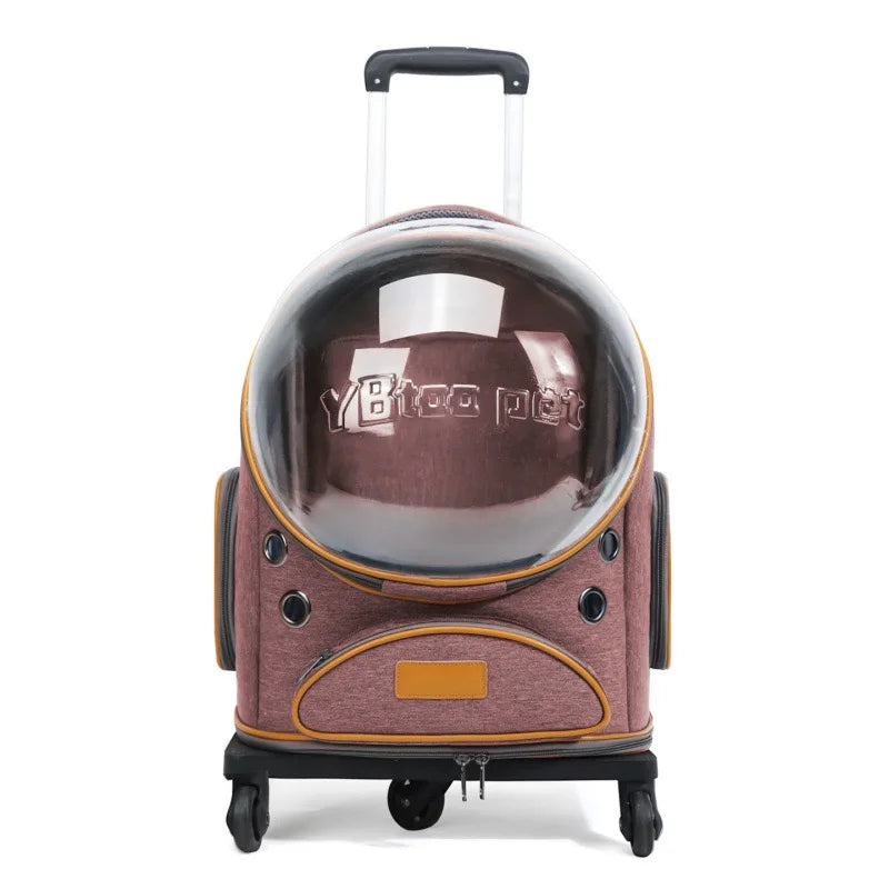 Luxury Rolling Wheels Pet Carrier Backpack Zipper Solid Nylon Polyester Transparent Bubble Window Breathable Travel Trolley Bag