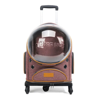 Luxury Rolling Wheels Pet Carrier Backpack Zipper Solid Nylon Polyester Transparent Bubble Window Breathable Travel Trolley Bag