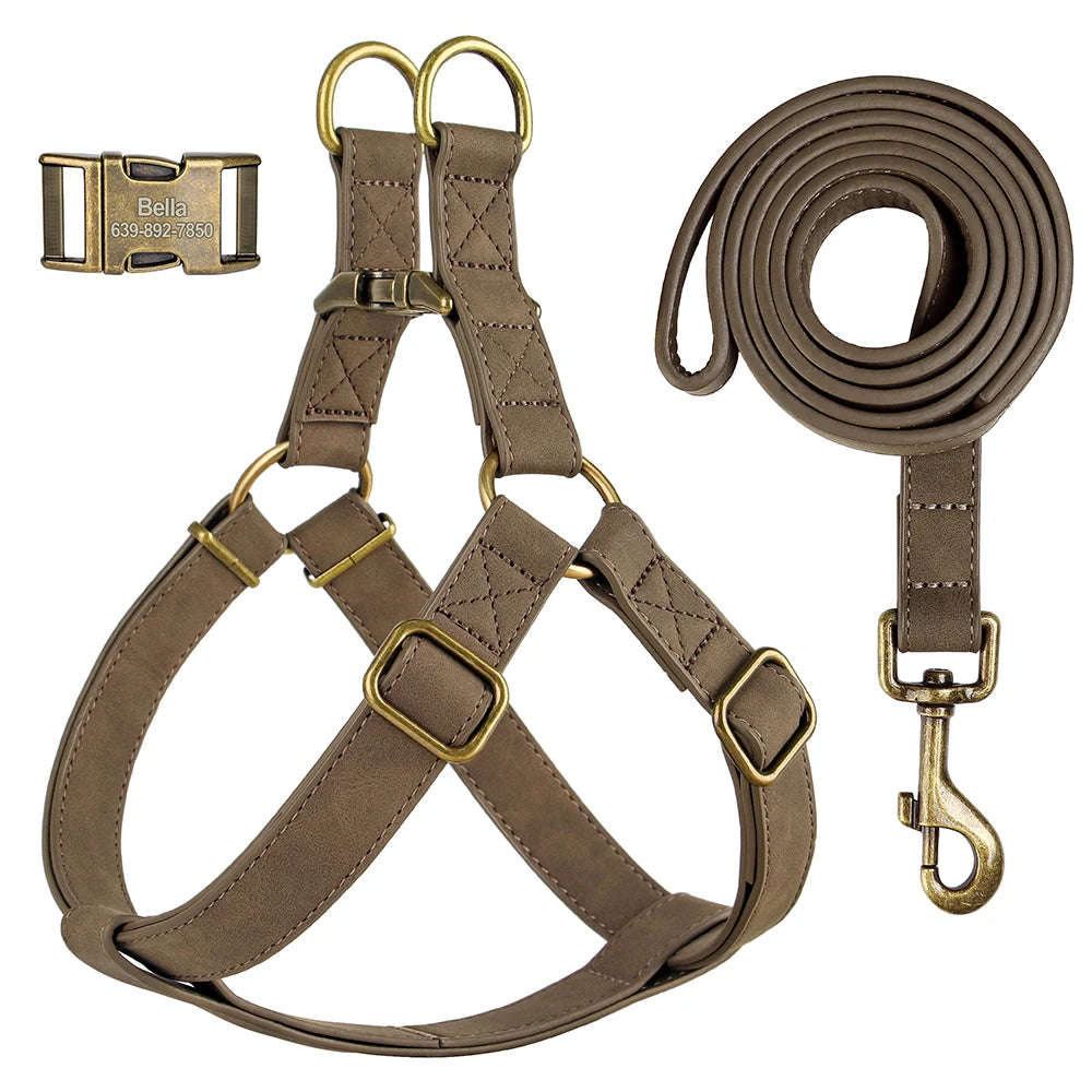 Personalized Dog Harness and Leash Set PU Leather Dogs Harness Free Engraved ID Buckle for Small Medium Large Dogs Pitbull Pug
