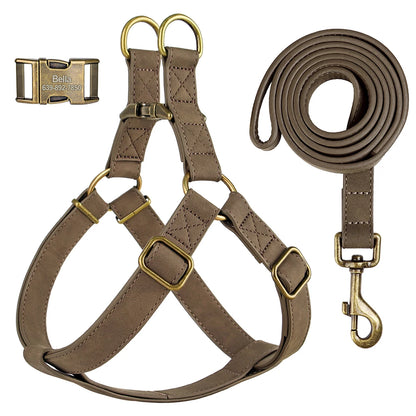 Personalized Dog Harness and Leash Set PU Leather Dogs Harness Free Engraved ID Buckle for Small Medium Large Dogs Pitbull Pug