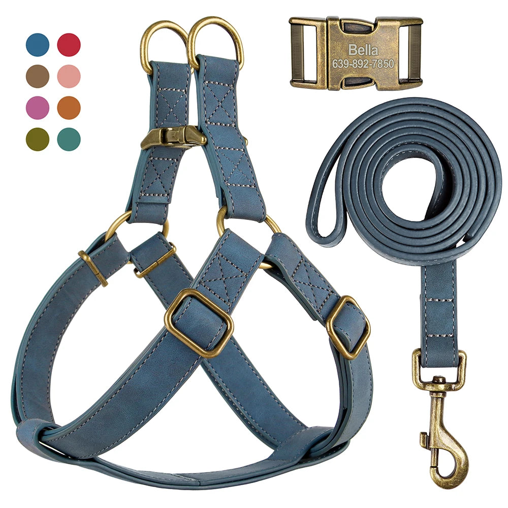 Personalized Dog Harness and Leash Set PU Leather Dogs Harness Free Engraved ID Buckle for Small Medium Large Dogs Pitbull Pug