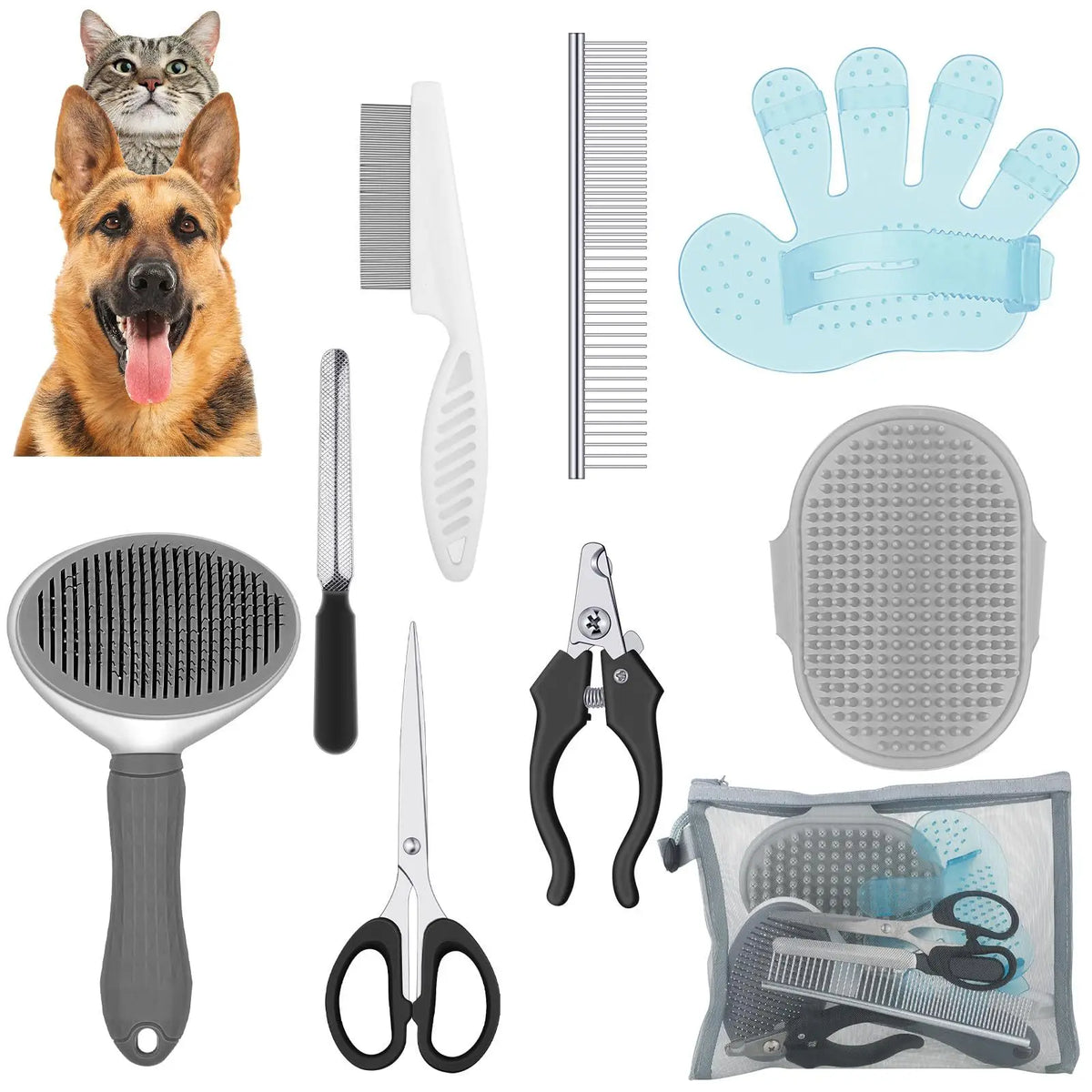 8Pcs Combo Set Cat Brush Beauty Kit with Pet Nail Clippers and Files Pet Self-Cleaning Kit Flea Comb Pet Shampoo Bath Brush Pet