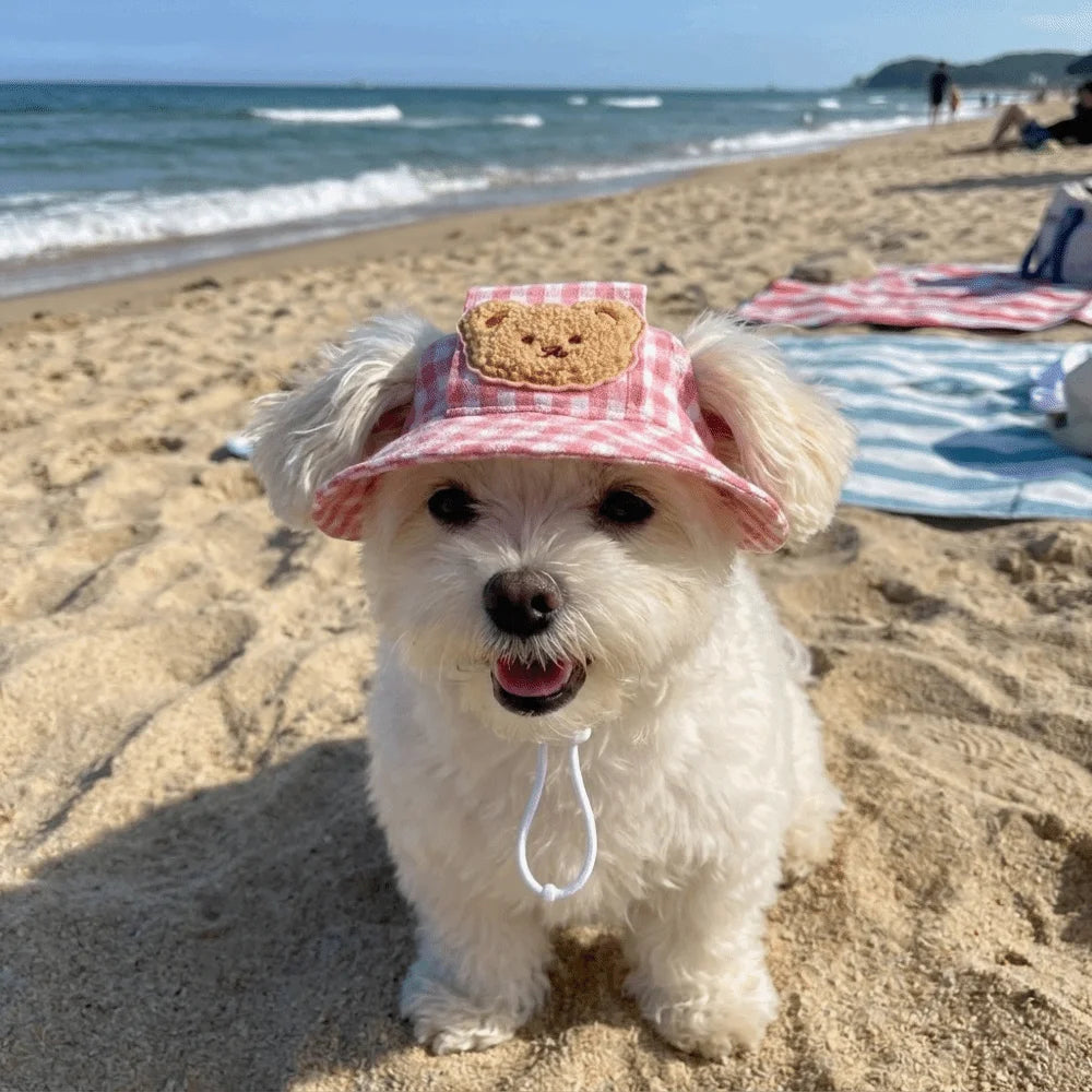 Breathable Pet Bucket Hat Adjustable Plaid Print Dog Sunshade Hat With Ear Hole Cartoon  Cat  For Travel Hiking Outdoor