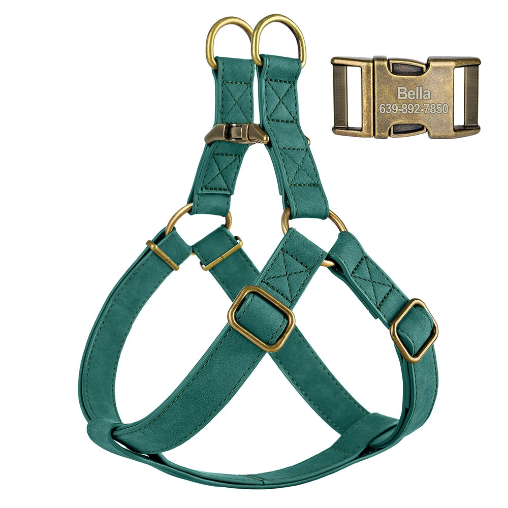 Personalized Dog Harness and Leash Set PU Leather Dogs Harness Free Engraved ID Buckle for Small Medium Large Dogs Pitbull Pug