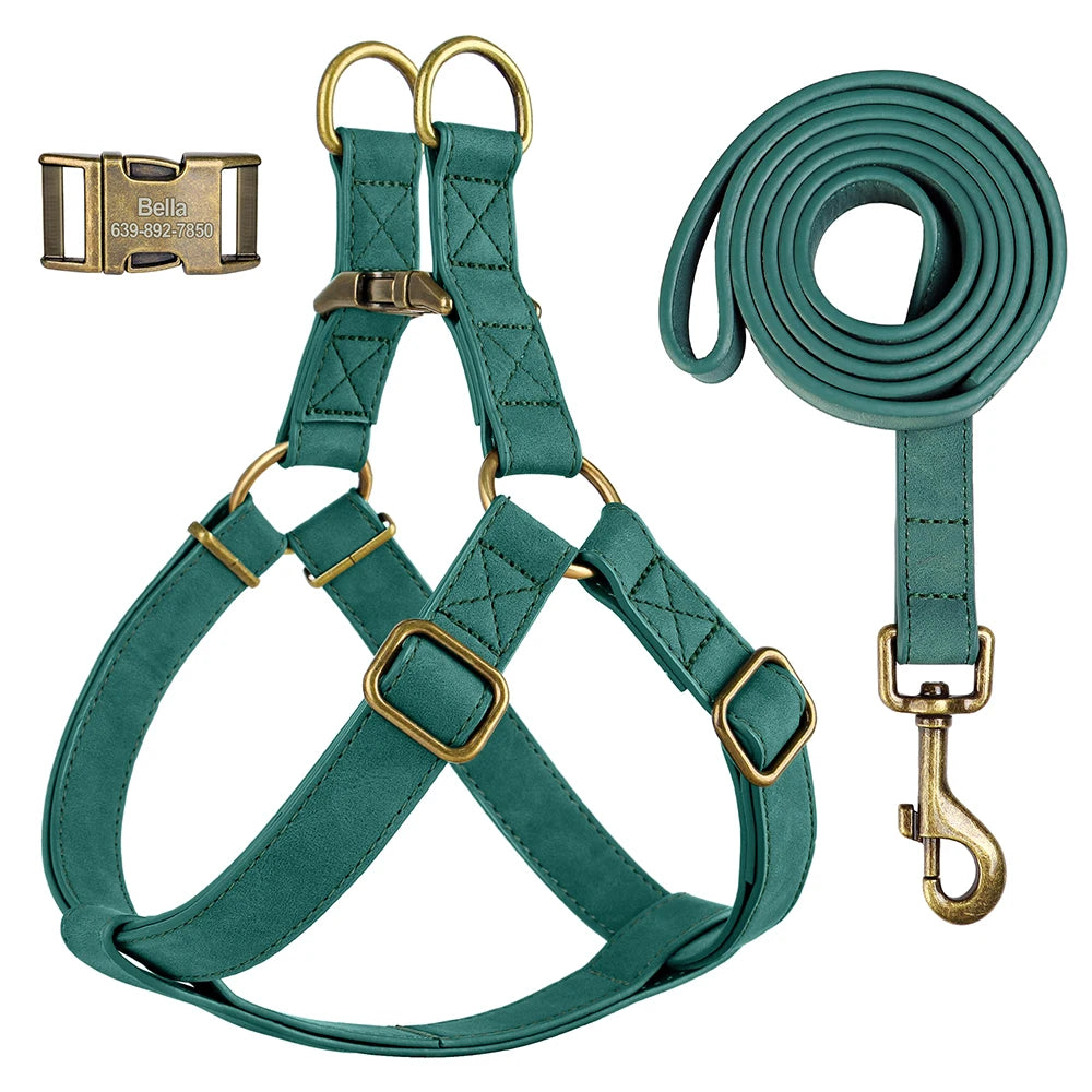 Personalized Dog Harness and Leash Set PU Leather Dogs Harness Free Engraved ID Buckle for Small Medium Large Dogs Pitbull Pug