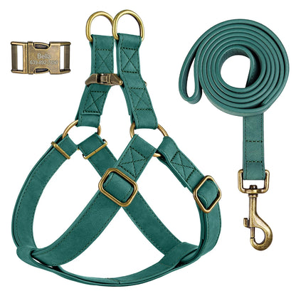 Personalized Dog Harness and Leash Set PU Leather Dogs Harness Free Engraved ID Buckle for Small Medium Large Dogs Pitbull Pug