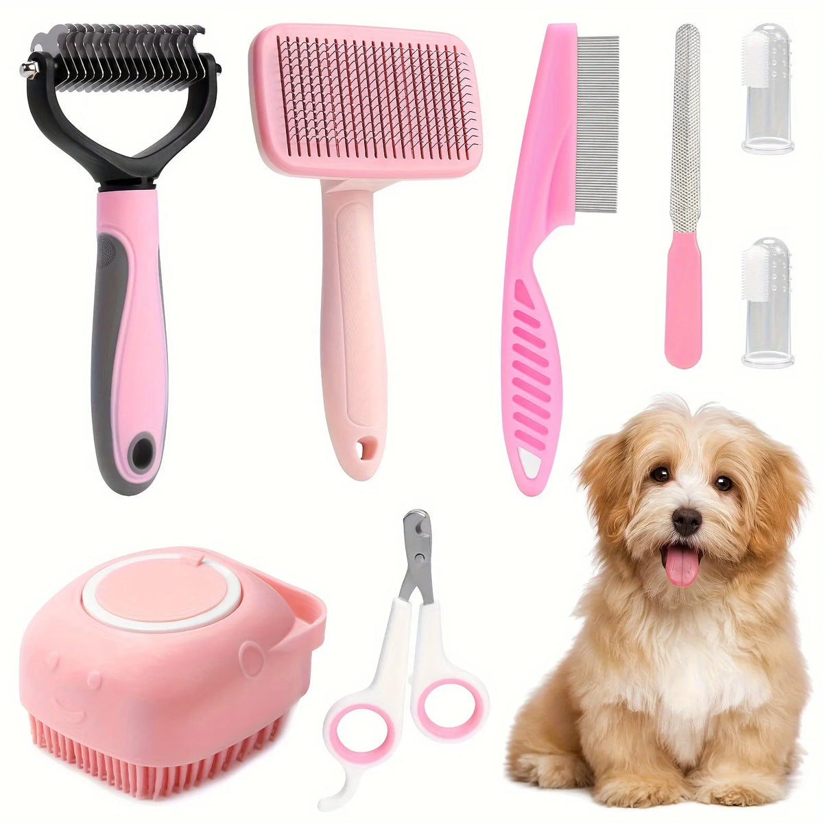8Pcs Combo Set Cat Brush Beauty Kit with Pet Nail Clippers and Files Pet Self-Cleaning Kit Flea Comb Pet Shampoo Bath Brush Pet