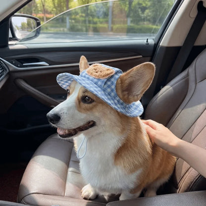 Breathable Pet Bucket Hat Adjustable Plaid Print Dog Sunshade Hat With Ear Hole Cartoon  Cat  For Travel Hiking Outdoor