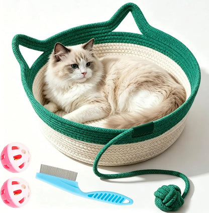 Cat Instinct Basket - Hand-woven Cotton Rope Fun Bed, Equipped with a Toy Tail, Suitable for Scratching and Interactive Pet