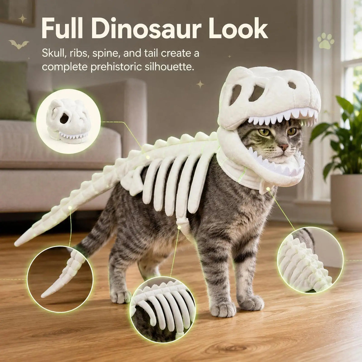 3D Skeleton Pet Dinosaur Costume Realistic Dinosaur Skeleton Costume Wearable Cat/Dog Halloween Costumes Pet Dino Hood Outfits